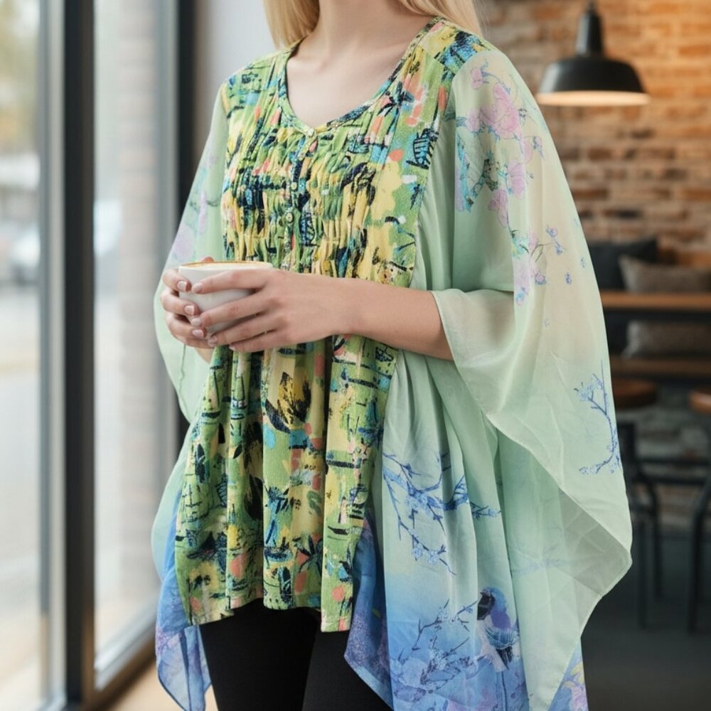 Upcycled T Shirt Lime Blue Poncho Chiffon Sleeves